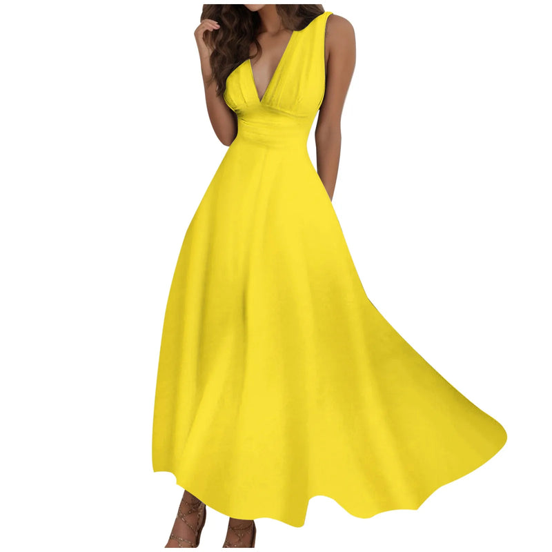 Women's Basic A Line Dress Sleeveless Tie Waist Large Swing Solid Color Long Dress Flowy Deep V Neck Casual Summer Maxi Dress