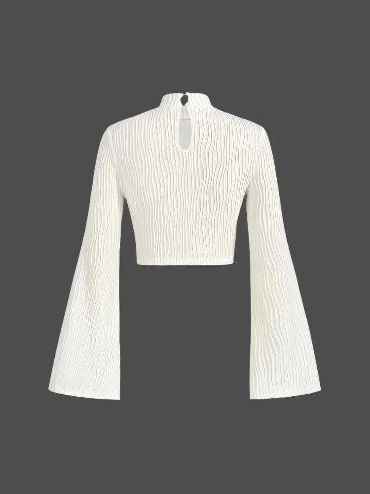 Women Textured Mock Neck Flare Long Sleeve Crop Top Fall Winter Elegant Preppy Style Y2K Rib Knit Slim T Shirt Blouse 2023