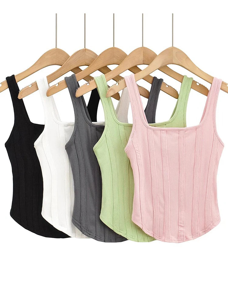 [EAM] Women Black Iregular Hem Shaped Tank Tops New Square Collar Sleeveless Personality Fashion Tide Spring Summer 2024 1DE7806