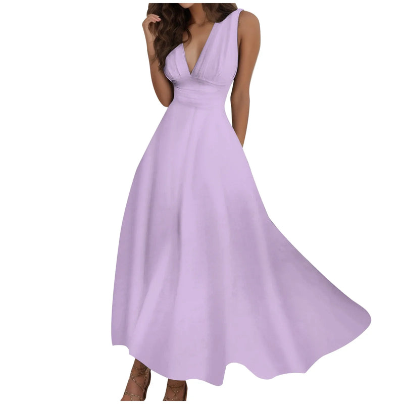 Women's Basic A Line Dress Sleeveless Tie Waist Large Swing Solid Color Long Dress Flowy Deep V Neck Casual Summer Maxi Dress