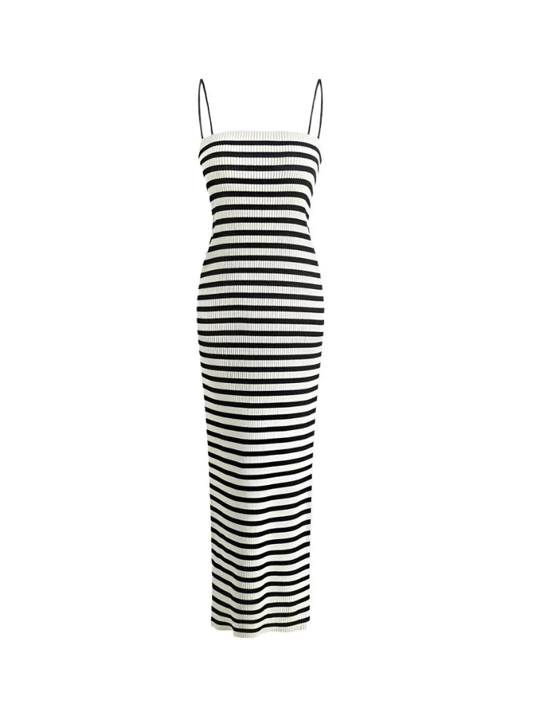 ZRN-Striped Knit Midi Dress for Women, Straight Neck, Thin Straps, Female Dresses, Fashion