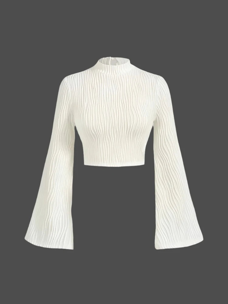 Women Textured Mock Neck Flare Long Sleeve Crop Top Fall Winter Elegant Preppy Style Y2K Rib Knit Slim T Shirt Blouse 2023