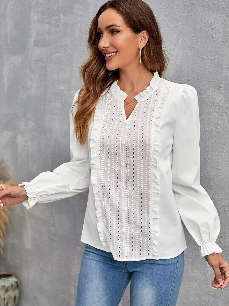 Elegant Lace Stitching Women's Elegant Blouses Fashion Puff Long Sleeve Top Casual White Shirt Youth Woman Blouses 2024 New