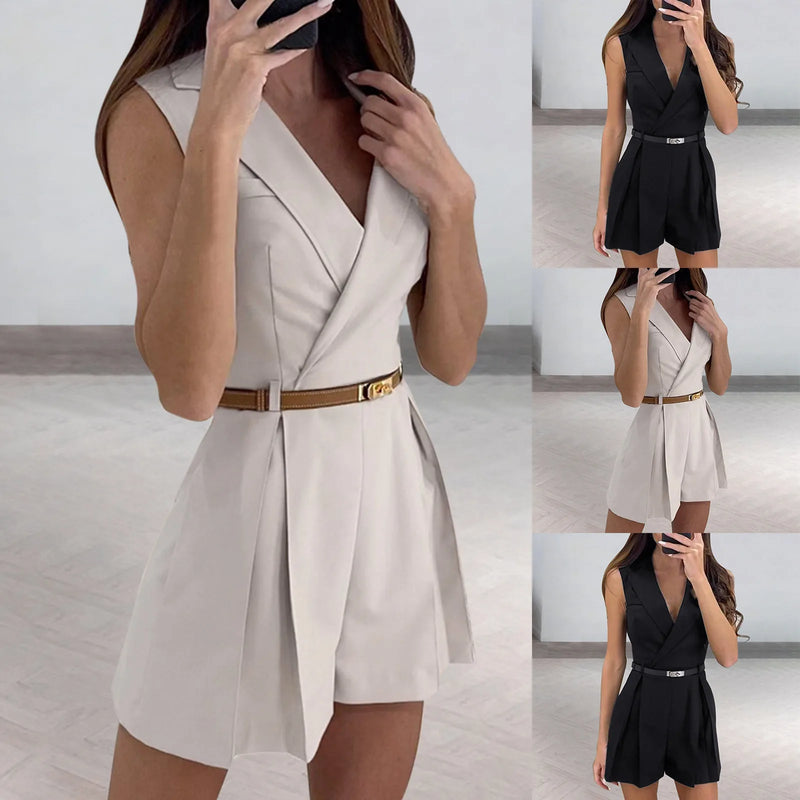 Office Lady Sleeveless Shirts One Piece Outfits Women Deep V Neck Tie Waist Jumpsuits Elegant Women Slim Fit Party Rompers