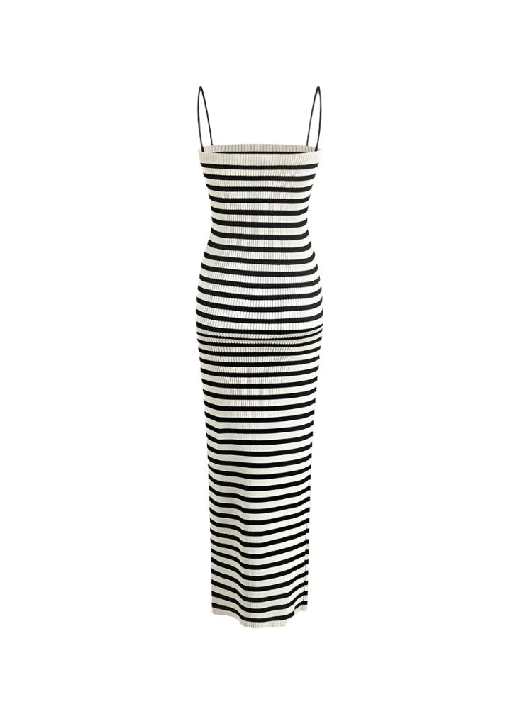 ZRN-Striped Knit Midi Dress for Women, Straight Neck, Thin Straps, Female Dresses, Fashion