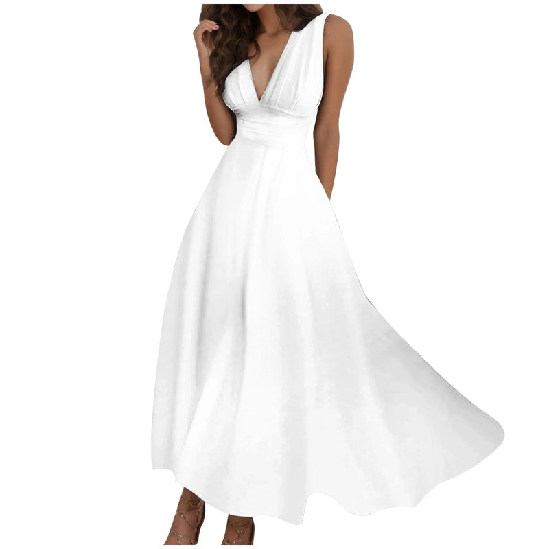 Women's Basic A Line Dress Sleeveless Tie Waist Large Swing Solid Color Long Dress Flowy Deep V Neck Casual Summer Maxi Dress